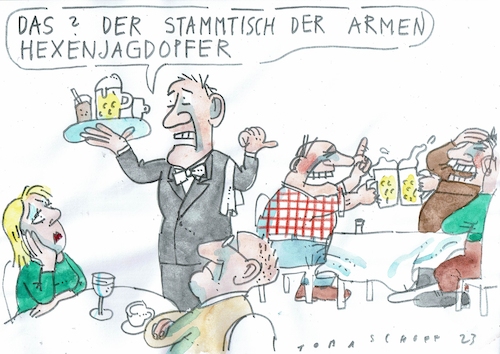 Cartoon: Hexenjagd (medium) by Jan Tomaschoff tagged politiker,hexenjagd,wehleidigkeit,politiker,hexenjagd,wehleidigkeit