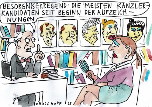 Cartoon: Kandidaten (medium) by Jan Tomaschoff tagged wahlen,kanzlerkandidaten,merz,scholz,habeck,weidel,wagenknecht,wahlen,kanzlerkandidaten,merz,scholz,habeck,weidel,wagenknecht