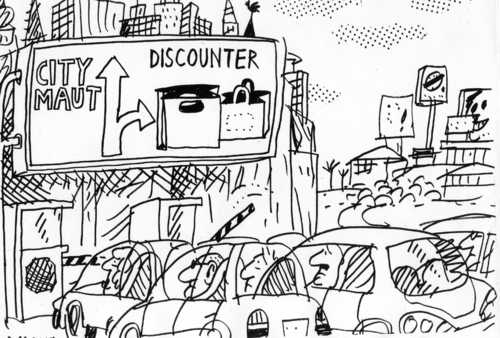 Cartoon: Kaufkraftumleitung (medium) by Jan Tomaschoff tagged city,maut,discounter