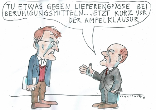 Cartoon: Lieferengpass (medium) by Jan Tomaschoff tagged ampel,koalition,streit,medikamente,ampel,koalition,streit,medikamente