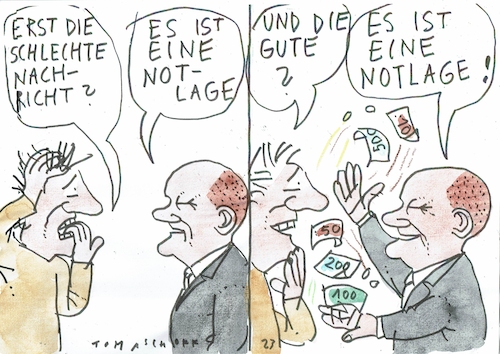 Cartoon: Notlage (medium) by Jan Tomaschoff tagged geld,schulden,haushalt,geld,schulden,haushalt
