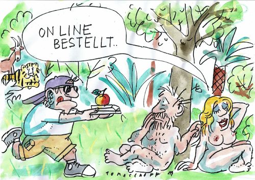 Cartoon: on line (medium) by Jan Tomaschoff tagged on,line,handel,lieferdienste,on,line,handel,lieferdienste