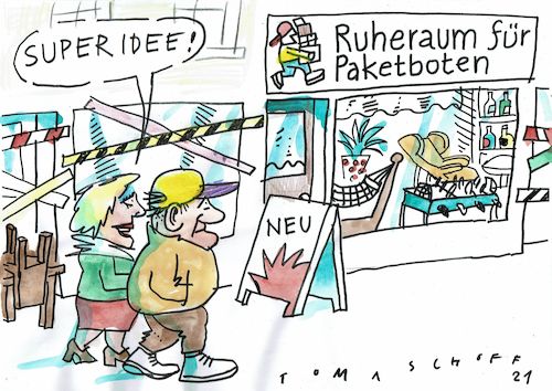Cartoon: Paketboten (medium) by Jan Tomaschoff tagged onlinehandel,paketboten,innenstadt,onlinehandel,paketboten,innenstadt