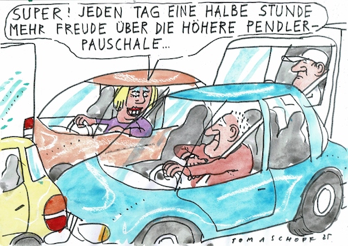 Cartoon: Pendeln (medium) by Jan Tomaschoff tagged infrastruktur,auto,stau,pendlerpauschale,infrastruktur,auto,stau,pendlerpauschale