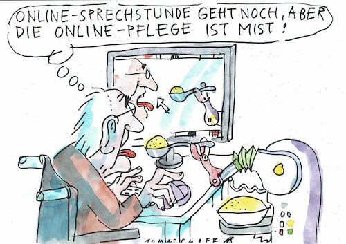 Cartoon: Pflege online (medium) by Jan Tomaschoff tagged pflegenotstand,fachkräftemangel,pflegenotstand,fachkräftemangel