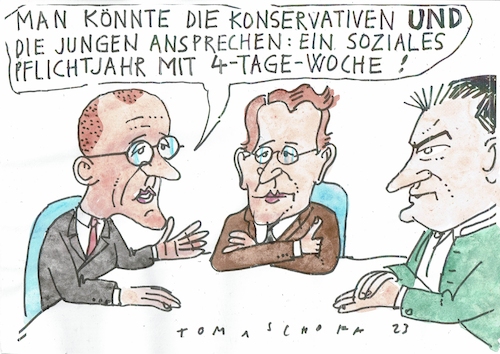 Cartoon: Pflichtjahr (medium) by Jan Tomaschoff tagged pflichtjahr,arbeitszeit,jugend,konservative,cdu,csu,pflichtjahr,arbeitszeit,jugend,konservative,cdu,csu