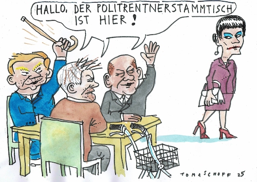 Cartoon: Politrentner (medium) by Jan Tomaschoff tagged politiker,wahlen,schilz,lindner,habec,wagenknecht,politiker,wahlen,schilz,lindner,habec,wagenknecht