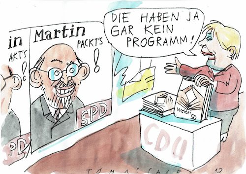 Cartoon: Programm (medium) by Jan Tomaschoff tagged cdu,spd,schulz,merkel,cdu,spd,schulz,merkel
