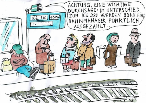 Cartoon: pünktlich (medium) by Jan Tomaschoff tagged bahn,boni,verspätung,bahn,boni,verspätung