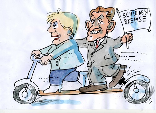 Cartoon: Schuldenbremse (medium) by Jan Tomaschoff tagged schuldenbremse,sarkozy,merkel,schuldenbremse,sarkozy,merkel