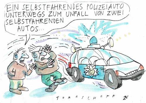 Cartoon: selbstfahrend (medium) by Jan Tomaschoff tagged autonomes,fahren,fachkräftemangel,polizei,autonomes,fahren,fachkräftemangel,polizei