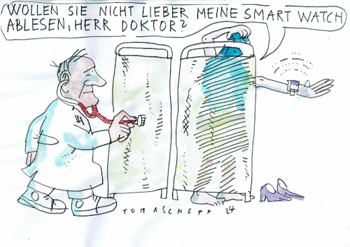 Cartoon: smart (medium) by Jan Tomaschoff tagged smart,watch,arzt,patient,kontakt,smart,watch,arzt,patient,kontakt