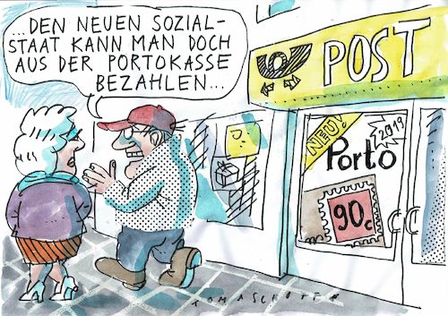 Cartoon: Sozialkosten (medium) by Jan Tomaschoff tagged post,porto,sozialstaat,post,porto,sozialstaat