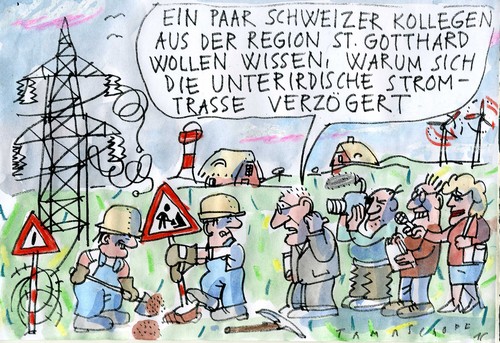 Cartoon: Stromautobahn (medium) by Jan Tomaschoff tagged energiewende,stromtrassen,bauverzögerung,energiewende,stromtrassen,bauverzögerung