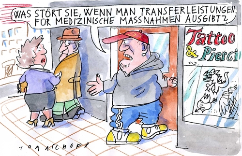 Cartoon: Tattoos (medium) by Jan Tomaschoff tagged gesundheitsreform,patienten,krankenkassen,transferleistungen,tattoos,piercings,gesundheitsreform,patienten,krankenkassen,transferleistungen,tattoos,piercings