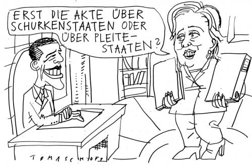Cartoon: US-Außenpolitik (medium) by Jan Tomaschoff tagged usa,obama,hillary,clinton,schurkenstaaten,wirtschaftskrise,staatsbankrott