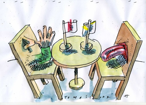 Cartoon: Verhandlungen (medium) by Jan Tomaschoff tagged konflikte,diplomatie,deeskalation,konflikte,diplomatie,deeskalation