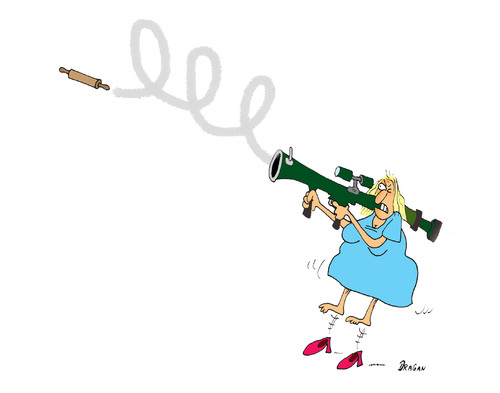 Cartoon: bazooka (medium) by draganm tagged bazooka,woman,rolling,pin,weapon,feminist,battle