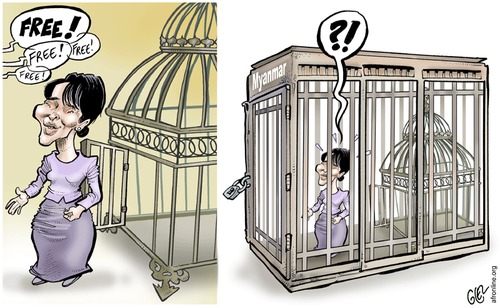 Cartoon: Aung San Suu Kyi free (medium) by Damien Glez tagged aung,san,suu,kyi,myanmar,pece,nobel,price,free