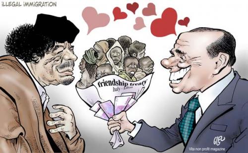 Cartoon: Meeting (medium) by Damien Glez tagged muammar,al,gaddafi,silvio,berlusconi,italy,lybia