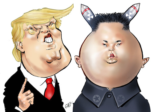 Cartoon: Trump and Jong-un (medium) by Damien Glez tagged kim,jong,un,north,korea,trump,donald,america,united,states,kim,jong,un,north,korea,trump,donald,america,united,states