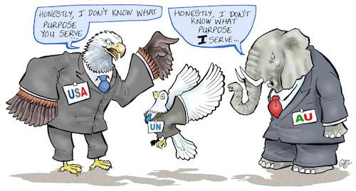 Cartoon: UN AU and USA (medium) by Damien Glez tagged united,nations,africain,union,states,united,nations,africain,union,states