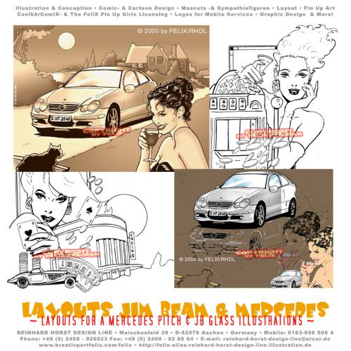 Cartoon: Advertising Layouts (medium) by FeliXfromAC tagged layout,by,frau,woman,advertising,storyboard,cars,girls,mood,moody,stimmung,alias,reinhard,horst,design,line,two,color,sepia,autos,drinks,poster,seagram,