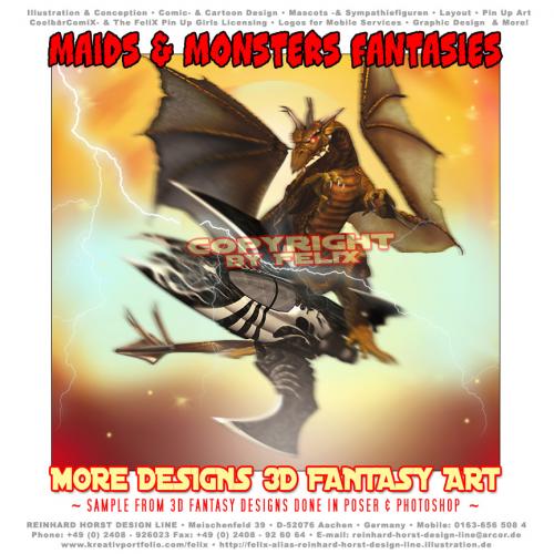 Cartoon: Maids and Monsters 3D (medium) by FeliXfromAC tagged monster,blitz,maids,monsters,by,tiere,animals,fabelwesen,dragon,drachen,3d,action,parody,stockart,