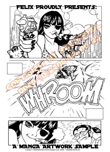 Cartoon: Manga Tryout Page (medium) by FeliXfromAC tagged manga,gun,crazy,action,frau,girl,cat,katze,woman,felix,alias,reinhard,horst,bikini,design,line,aachen,comic,comix