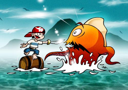 Cartoon: Billy vs Fischmonster (medium) by volkertoons tagged volkertoons,illustration,pirat,pirates,monster,abenteuer,adventure,kinder,kids,buch,bücher,kinderbuch,lustig