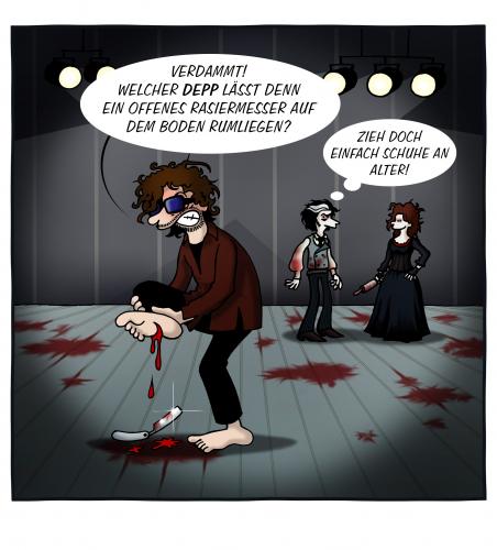 Cartoon: Depp (medium) by volkertoons tagged cartoon,volkertoons,humor,movie,film,kino,parodie,johnny,depp,tim,burton,sweeney,todd,rasiermesser,blood,johnny depp,tim burton,sweeney todd,film,kino,romanfigur,roman,literatur,rasiermässer,massenmörder,mörder,messer,verletzung,gewalt,brutalität,johnny,depp,tim,burton,sweeney,todd,backstage,regisseur,set,filmset,filmcrew,schauspieler