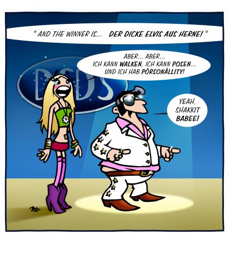 Cartoon: DSDS (medium) by volkertoons tagged volkertoons,cartoon,dsds,superstar,elvis,herne,tv,fernsehen,show,contest,superstar,popstars,tv,fernsehen,programm,show,wettbewerb,konkurrenz,dsds,reality tv,dokumentation,zuschauer,staffel,serie,castingshow,casting,sänger,tanzen,star,traum,wunsch,illusion,karriere,jugendliche,jugend,popband,jury,reality,image,identität,unterhaltung,medium,massenmedium,medien,einschaltquote