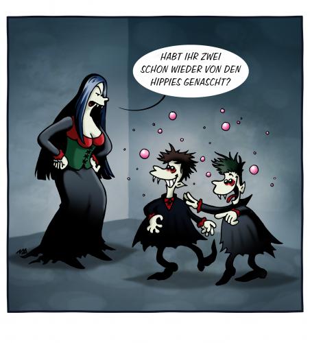 Cartoon: Hippies Naschen (medium) by volkertoons tagged volkertoons,cartoon,humor,vampire,vampires,vampir,untot,undead,halloween,drogen,drugs,sucht,addiction,hippies,horror,creepy,creeps,vampire,blutsauger,dracula,fledermaus,untote,halloween,drogen,sucht,drogensucht,abhängigkeit,hippie,kinder,jugendliche,gesundheit,psyche,high,droge,blut,sauger,saugen,trinken,essen,ernährung