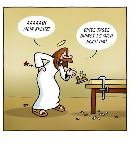 Cartoon: Kreuzschmerzen (medium) by volkertoons tagged jesus,christus,christ,religion,pain,kreuz,schmerzen,cartoon,volkertoons,jesus,christus,jesus christus,bibel,glauben,kirche,katholische kirche,evangelische kirche,gläubig,gott,judentum,katholik,evangelium,jenseits,kreuz,vorsehung,weltreligion,kreuzigung,jesus von nazaret,testament,christologie,messias,handwerker,zimmermann,gebrechen,rücken,kreuzschmerzen,bürde,pein,last,rückenschmerzen,schmerzen,hexenschuss,skoliose,wirbelsäule,körper,beschwerden,symptom,krankheit,zukunft,hellsehen,hellseher,voraussicht,vorahnung,schicksal,bestimmung,katholische,evangelische,von,nazaret