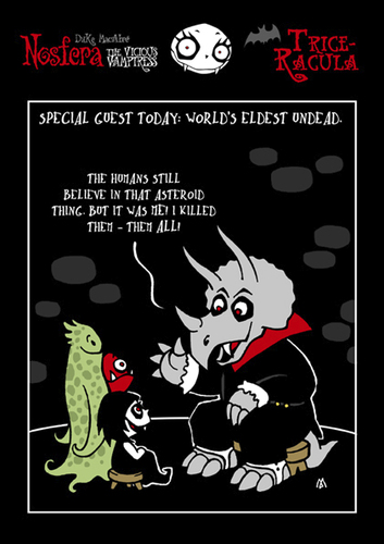 Cartoon: NOSFERA - Triceracula (medium) by volkertoons tagged nosfera,vampire,vampires,vampir,böse,vampöse,death,dead,undead,untot,tot,dinosaurier,dinosaur,triceratops,fun,humor