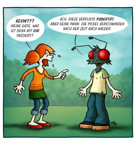 Cartoon: Pubertät (medium) by volkertoons tagged volkertoons,dornemann,pubertät,jugendliche,youth,pickel,akne,mutant,fliege,fly,flies,humor,cartoon,pubertät,jugendliche,akne,pickel,jugendlicher,gesicht,haut,probleme,psyche,entwicklung,verwandlung,fliege,mutation,insekt,jugend,biologie,körper,schönheit,eitelkeit