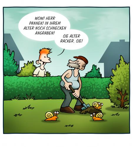 Cartoon: Schnecken angraben (medium) by volkertoons tagged schnecken,garten,rentner,cartoon,volkertoons,humor,elder,people,garden,snail,slug