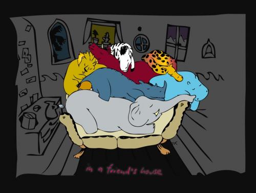 Cartoon: in a friends house (medium) by lejeanbaba tagged animals,friends,night,love,liebe