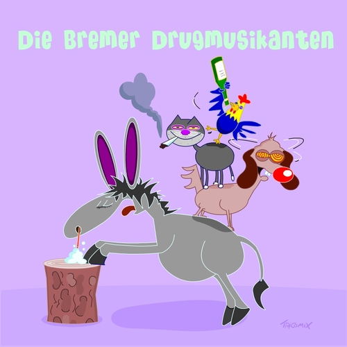 Cartoon: Die Bremer Drugmuikanten (medium) by Tricomix tagged marihuana,lsd,drogen,alkohol,märchen,bremen,stadtmusikanten,gebrüder,grimm,wahrzeichen,pille,kiffen,esel,hund,katze,hahn