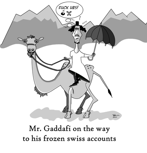 Cartoon: Frozen accounts (medium) by Tricomix tagged gaddafi,accounts,lybia,camel,switzerland,ubs,mangold,leben,unterm,telespargel