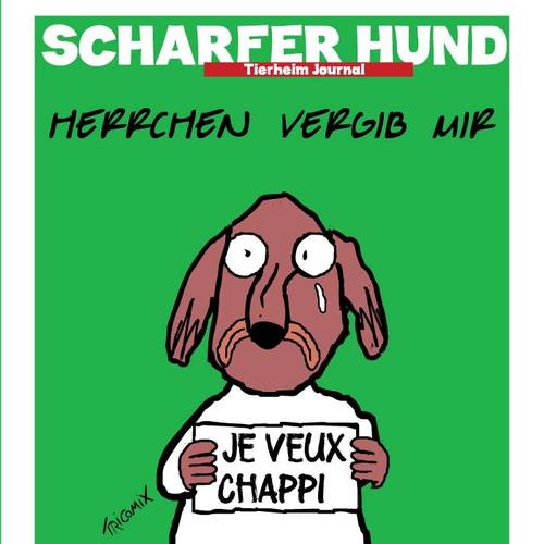 Cartoon: Scharfer Hund (medium) by Tricomix tagged satire,hund,chappi,charles,hebdon,terror,paris,attentat,tierheim