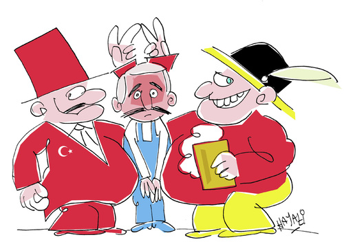 Cartoon: 50 Jahre Migration (medium) by Hayati tagged migration,jahre,50,göc,türken,deutschland,germany,hayati,boyacioglu,berlin,türkei,anwerbeabkommen,integration,diener,zweier,herren,migration,türken,deutschland,türkei,berlin