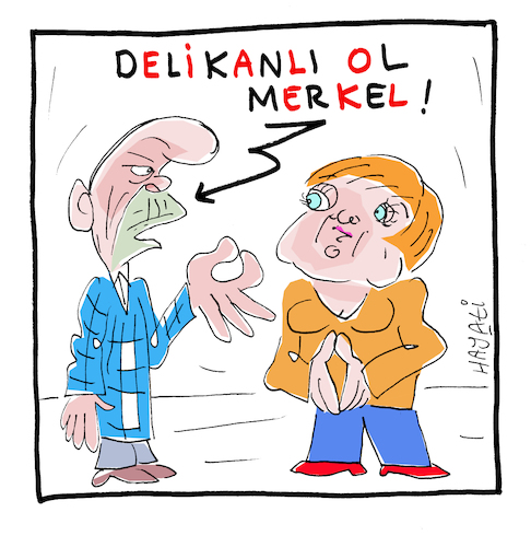 Cartoon: Sei ein Mann Merkel! (medium) by Hayati tagged angela,merkel,cdu,deutschland,germany,recep,tayyip,erdogan,akp,turkei,demokratie,demokrasi,cartoon,hayati,boyacioglu,berlin,angela,merkel,cdu,deutschland,germany,recep,tayyip,erdogan,akp,turkei,demokratie,demokrasi,cartoon,hayati,boyacioglu,berlin