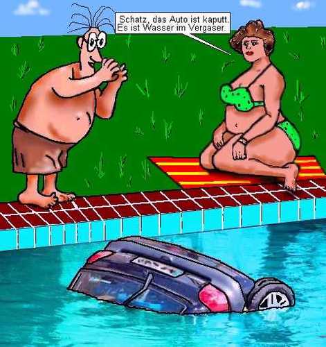 Cartoon: Herzlich willkommen im Pool (medium) by sier-edi tagged swimmingpool,auto,unfall,schaden,kaputt,frau