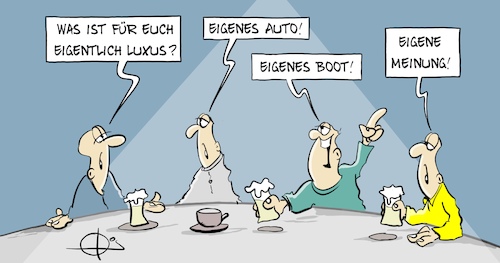 Cartoon: 20210426-Luxus (medium) by Marcus Gottfried tagged luxus,meinung,diskussion,diskusionskultur,streit,auto,boot,luxus,meinung,diskussion,diskusionskultur,streit,auto,boot