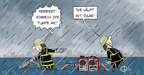 Cartoon: 20210715-Pumpe (medium) by Marcus Gottfried tagged strom,solar,energie,umwelt,klima,hochwasser,wasser,überschwemmung,feuerwehr,thw,licht,sonne,strom,solar,energie,umwelt,klima,hochwasser,wasser,überschwemmung,feuerwehr,thw,licht,sonne