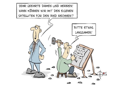 Cartoon: 20260113-Satellit (medium) by Marcus Gottfried tagged satellit,satelliten,bnd,technik,steinzeit,satellit,satelliten,bnd,technik,steinzeit