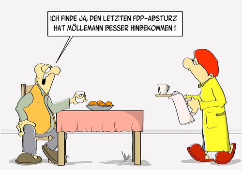 Cartoon: Absturz (medium) by Marcus Gottfried tagged mann,frau,ehepaar,kaffee,kaffeetisch,kaffeetrinken,wahl,bundestagswahl,merkel,steinbrück,rösler,fdp,absturz,möllemann,suizid,selbstmord,fallschirm,wahlniederlage,bundestag,inszenierung