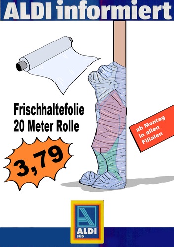 Cartoon: Aldi informiert (medium) by Marcus Gottfried tagged rolle,quälen,qual,lehrling,auszubildender,fesseln,kleben,frischhaltefolie,supermarkt,einkaufen,markt,albrecht,aldi,angst,vorgesetzter,druck,fesselspiel,reklame,angebot