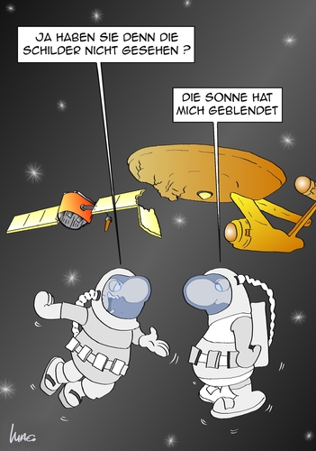 Cartoon: Allunfall (medium) by Marcus Gottfried tagged sterne,unfall,enterprise,raumschiff,raumfahrt,all,weltall,mond,sonne,geblendet,vorfahrt,verkehrsregeln,verkehr,astronaut,raumfahrer